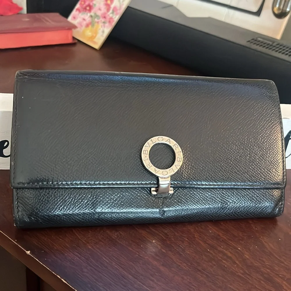 BVLGARI Clip Bi-Fold Long Wallet Bulgari Brugali Leather Authentic